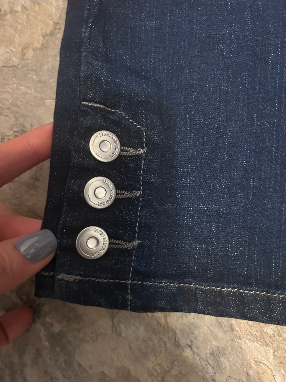 Lee Dark Blue Cropped Jeans with Button Rhinestone Hem - Picture 2 of 4